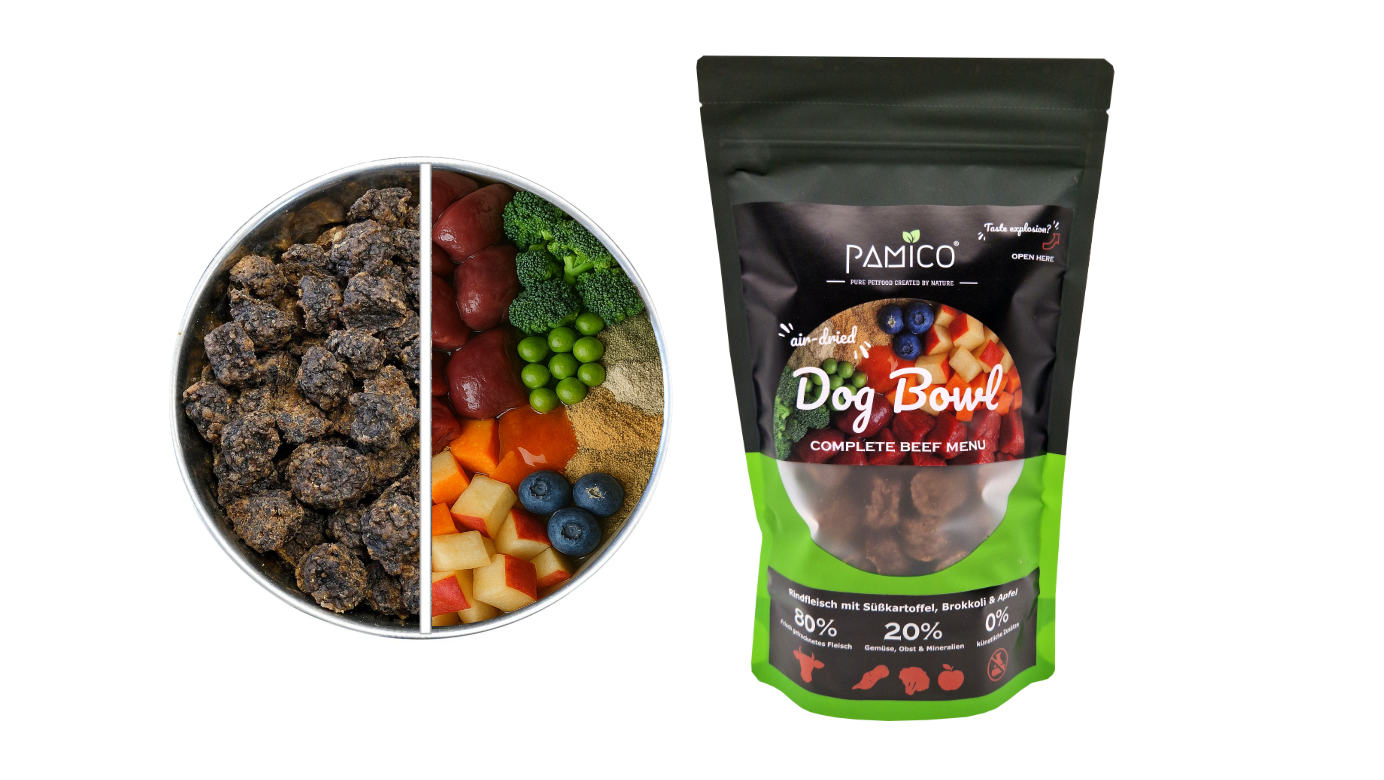 Trockenfutter luftgetrocknet in einer Verpackung. Dog Bowl luftgetrocknet und frisch in einem Hundenapf.