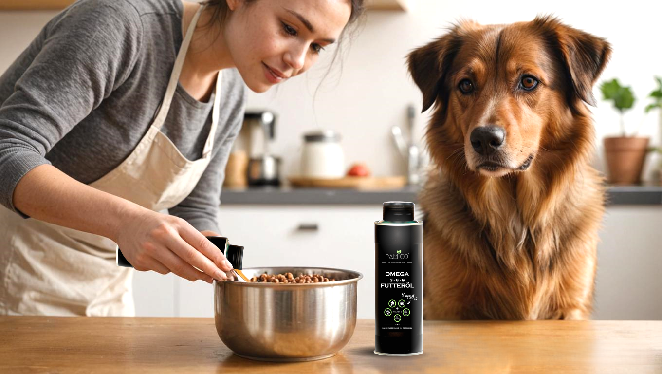 Futteröl Omega 3-6-9 + Vitamin E | Hochwertige Mischung aus Lachs-, Hanf-, Raps-, Nachtkerzen- und Schwarzkümmelöl | für BARF, Trockenfutter und Nassfutter Pamico