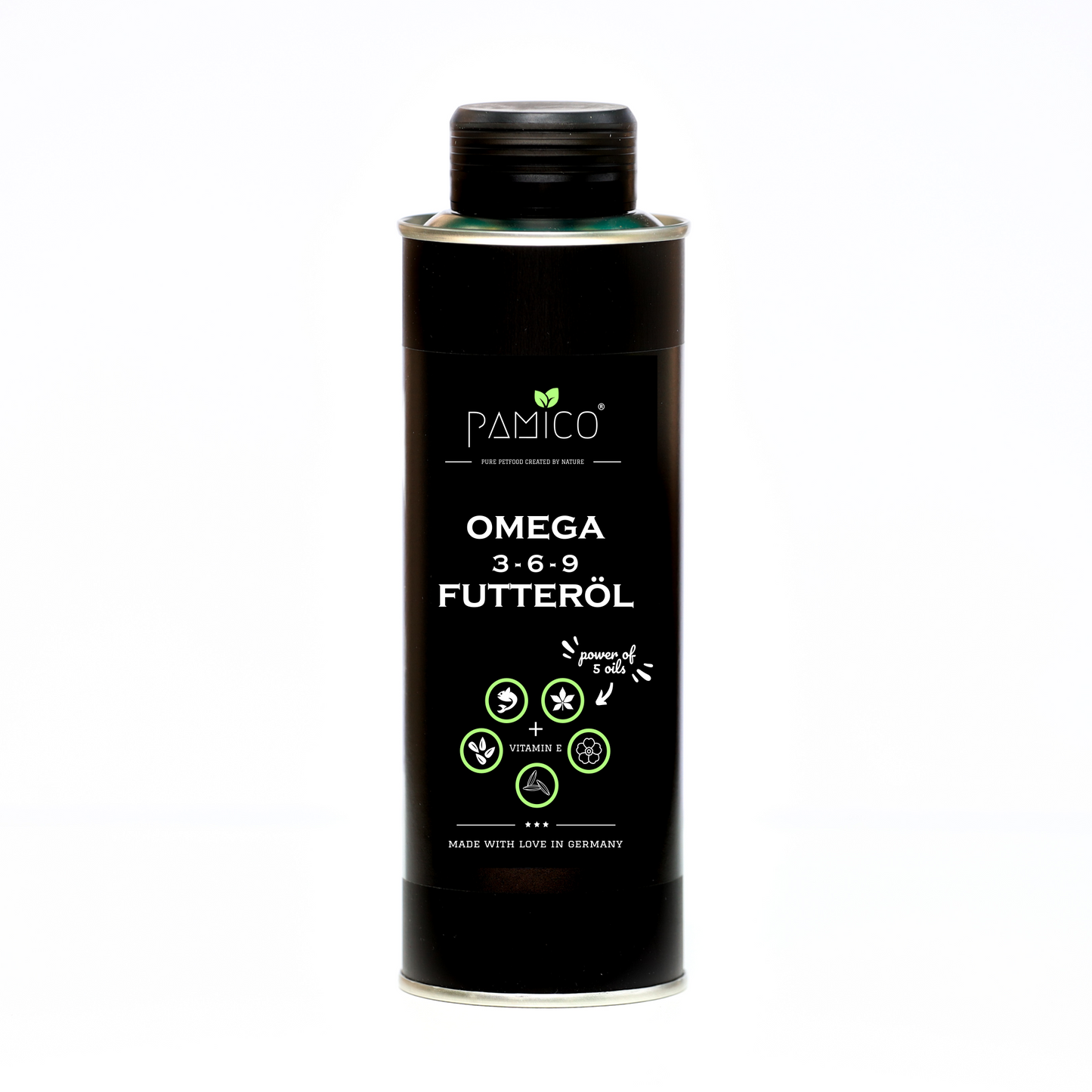 Futteröl Omega 3-6-9 + Vitamin E | Hochwertige Mischung aus Lachs-, Hanf-, Raps-, Nachtkerzen- und Schwarzkümmelöl | für BARF, Trockenfutter und Nassfutter - Pamico