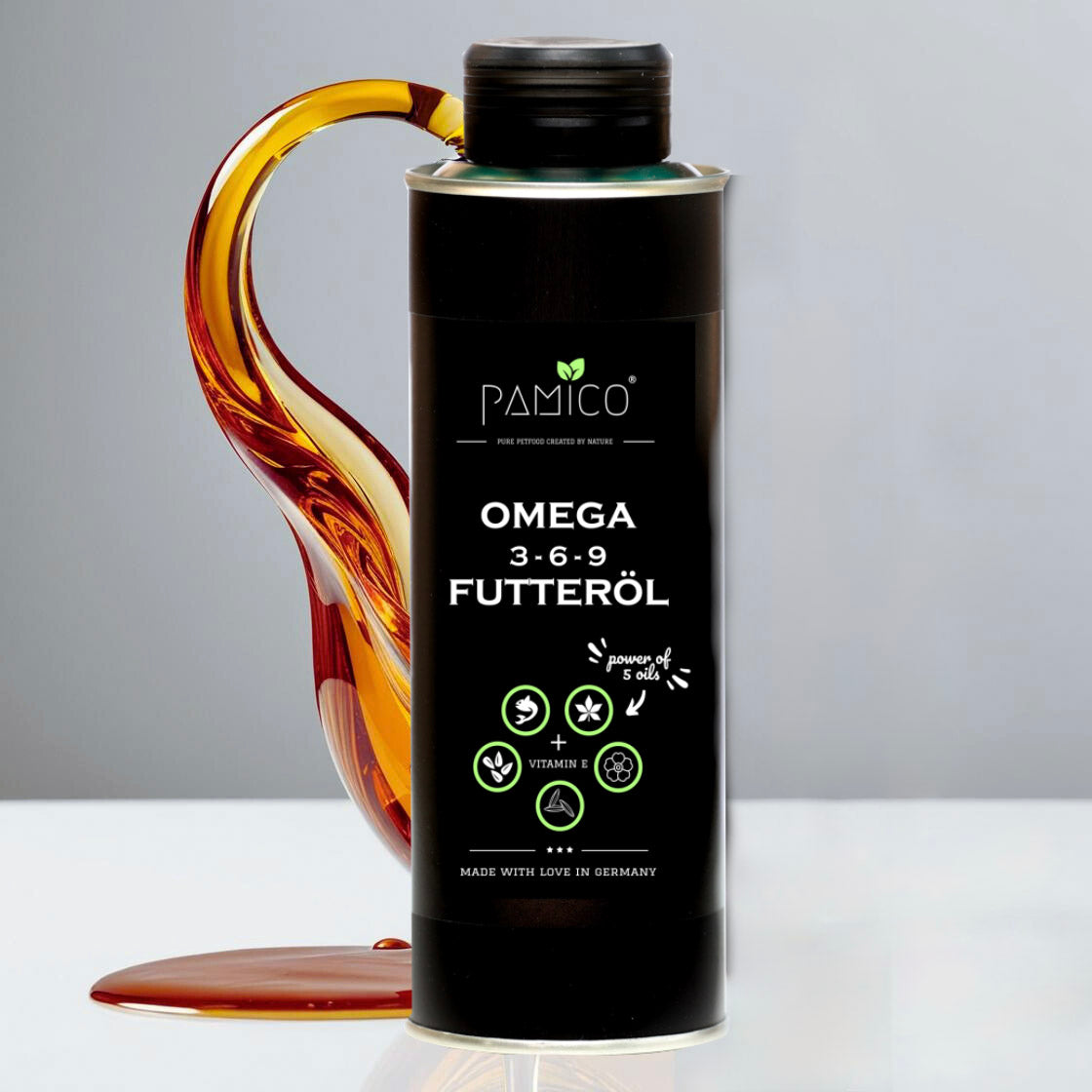 Futteröl Omega 3-6-9 + Vitamin E | Hochwertige Mischung aus Lachs-, Hanf-, Raps-, Nachtkerzen- und Schwarzkümmelöl | für BARF, Trockenfutter und Nassfutter - Pamico