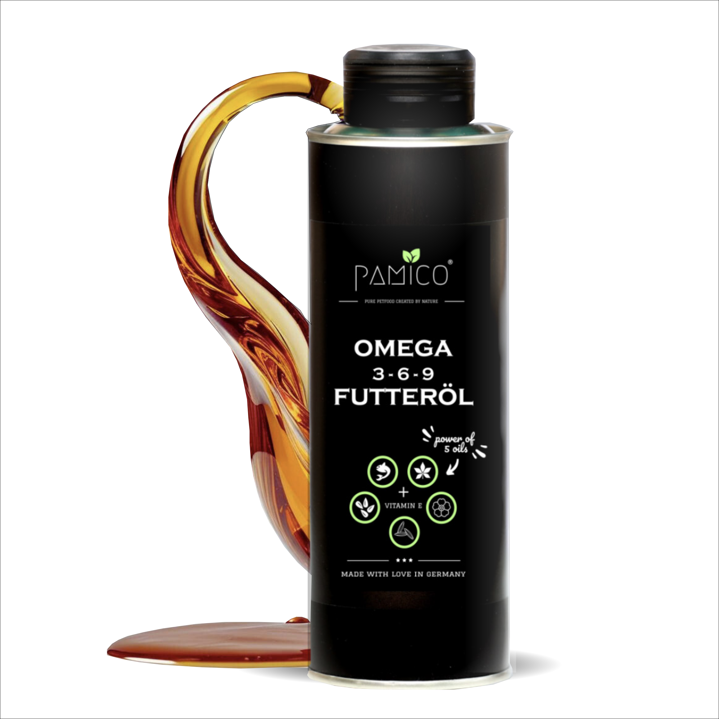 Futteröl Omega 3-6-9 + Vitamin E | Hochwertige Mischung aus Lachs-, Hanf-, Raps-, Nachtkerzen- und Schwarzkümmelöl | für BARF, Trockenfutter und Nassfutter Pamico