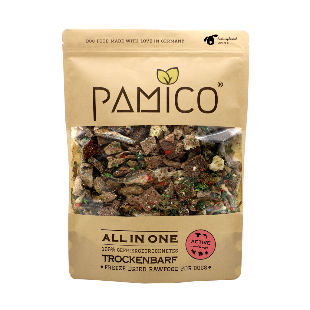 Trockenbarf Menü Active - All in One Mix Fleisch, Fisch, Gemüse & Obst gefriergetrocknet - BARF für Hunde - Pamico