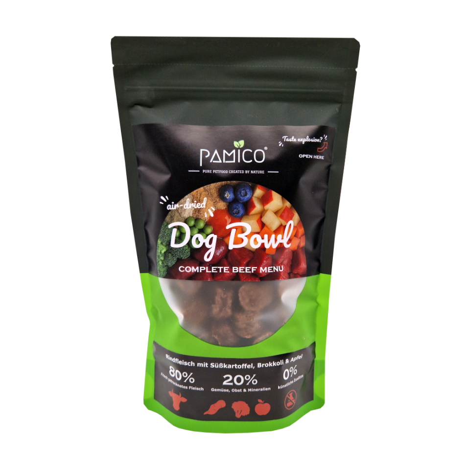 Dog Bowl Rindfleisch mit Süßkartoffel, Brokkoli und Apfel - Trockenmenü luftgetrocknet Pamico