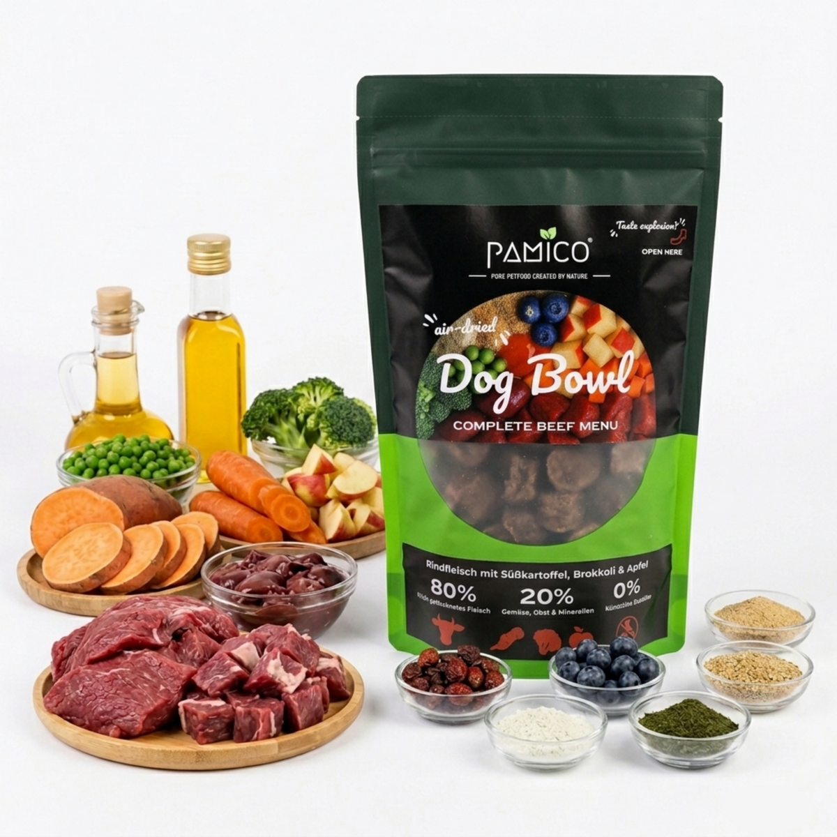 Dog Bowl Rindfleisch mit Süßkartoffel, Brokkoli und Apfel - Trockenmenü luftgetrocknet Pamico