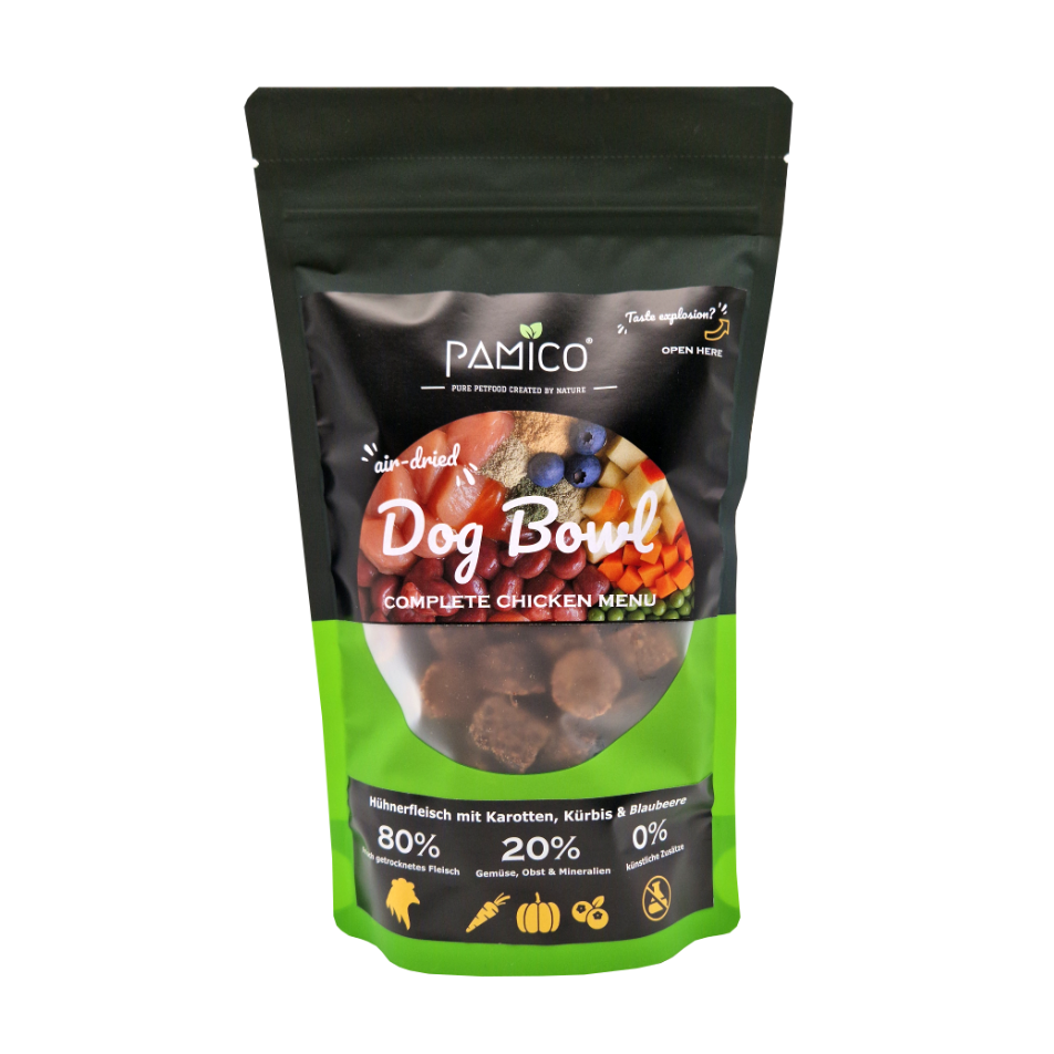 Dog Bowl Hühnerfleisch mit Karotten, Kürbis & Blaubeeren - Trockenmenü luftgetrocknet Pamico