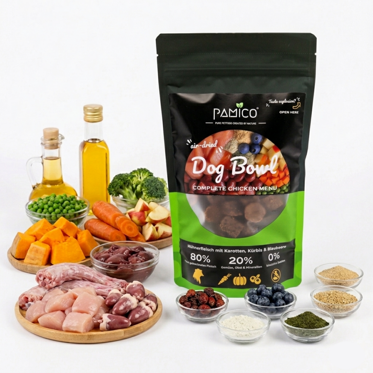 Dog Bowl Hühnerfleisch mit Karotten, Kürbis & Blaubeeren - Trockenmenü luftgetrocknet Pamico