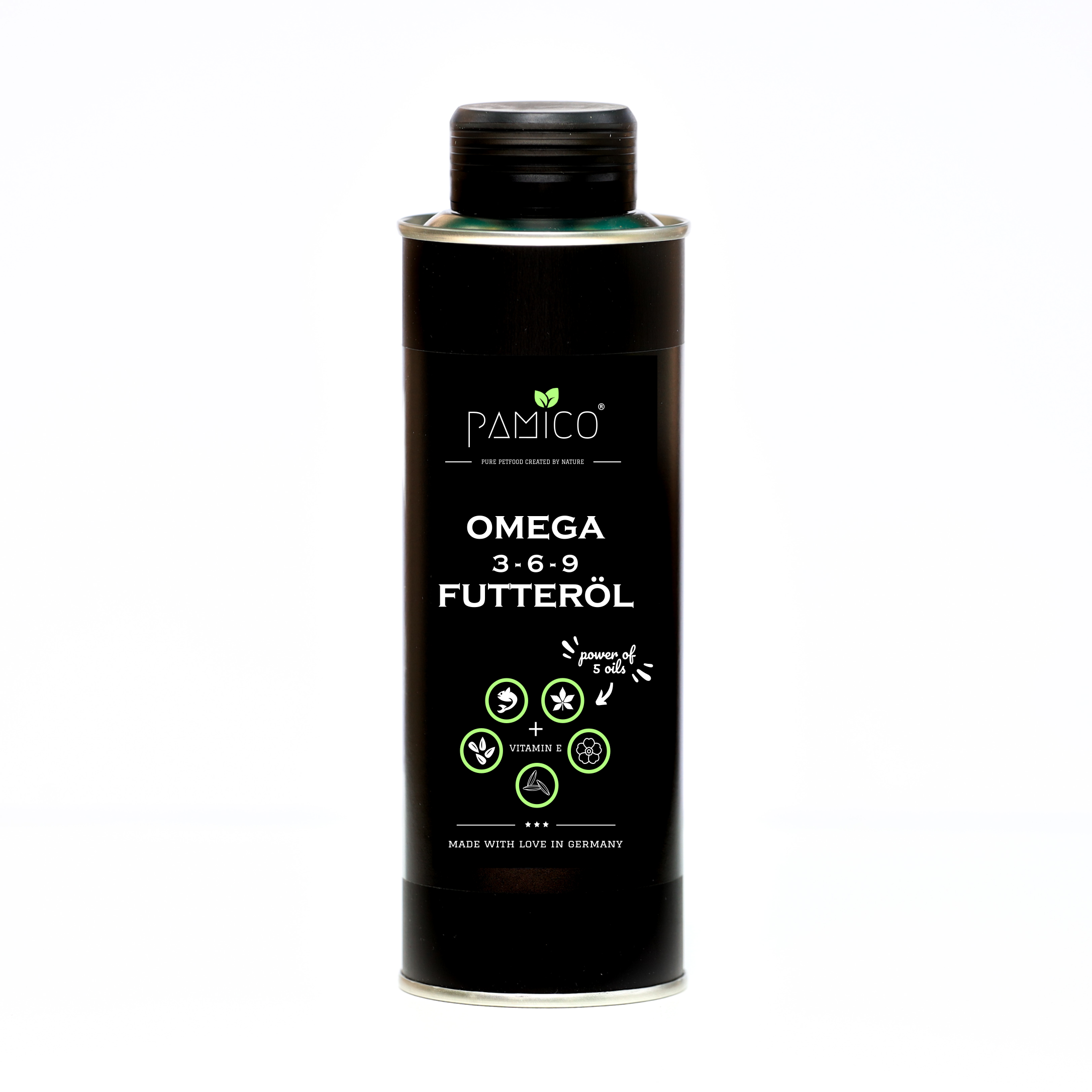 Futteröl Omega 3-6-9 + Vitamin E | Hochwertige Mischung aus Lachs-, Hanf-, Raps-, Nachtkerzen- und Schwarzkümmelöl | für BARF, Trockenfutter und Nassfutter - Pamico
