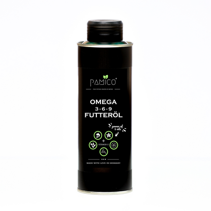 Futteröl Omega 3-6-9 + Vitamin E | Hochwertige Mischung aus Lachs-, Hanf-, Raps-, Nachtkerzen- und Schwarzkümmelöl | für BARF, Trockenfutter und Nassfutter - Pamico