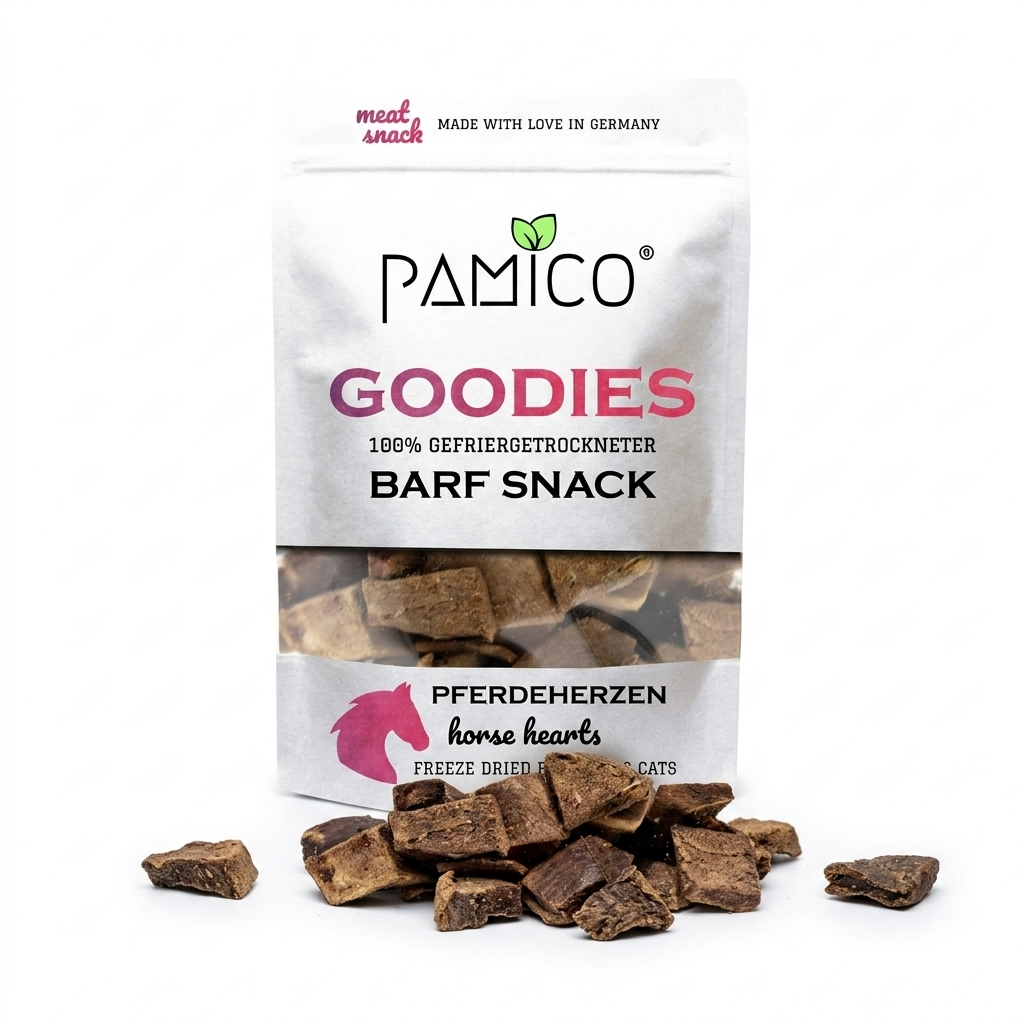 Pferdeherzen gefriergetrocknet - BARF Snacks Goodies für Hunde und Katzen Pamico