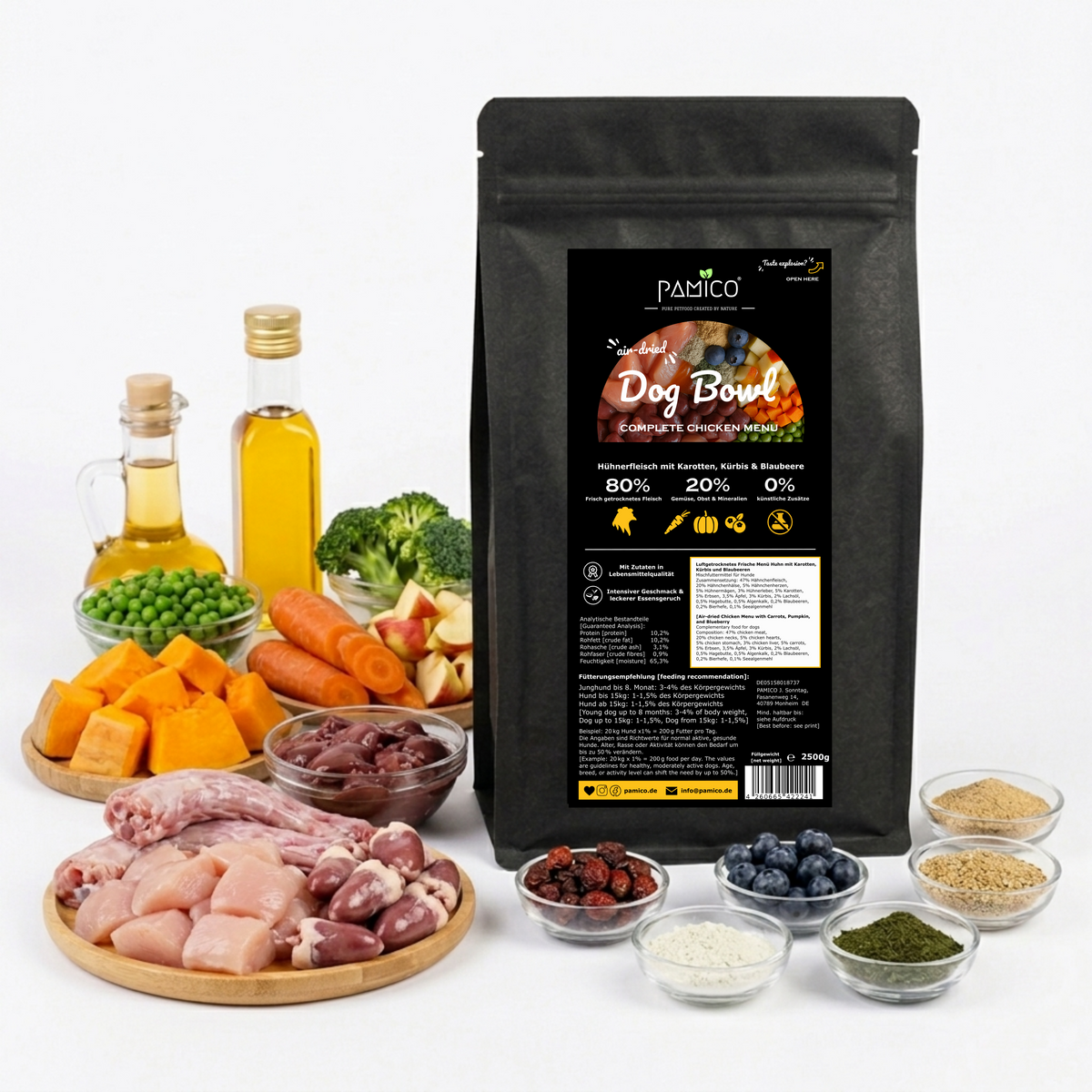 Dog Bowl Hühnerfleisch mit Karotten, Kürbis & Blaubeeren - Trockenmenü luftgetrocknet Pamico