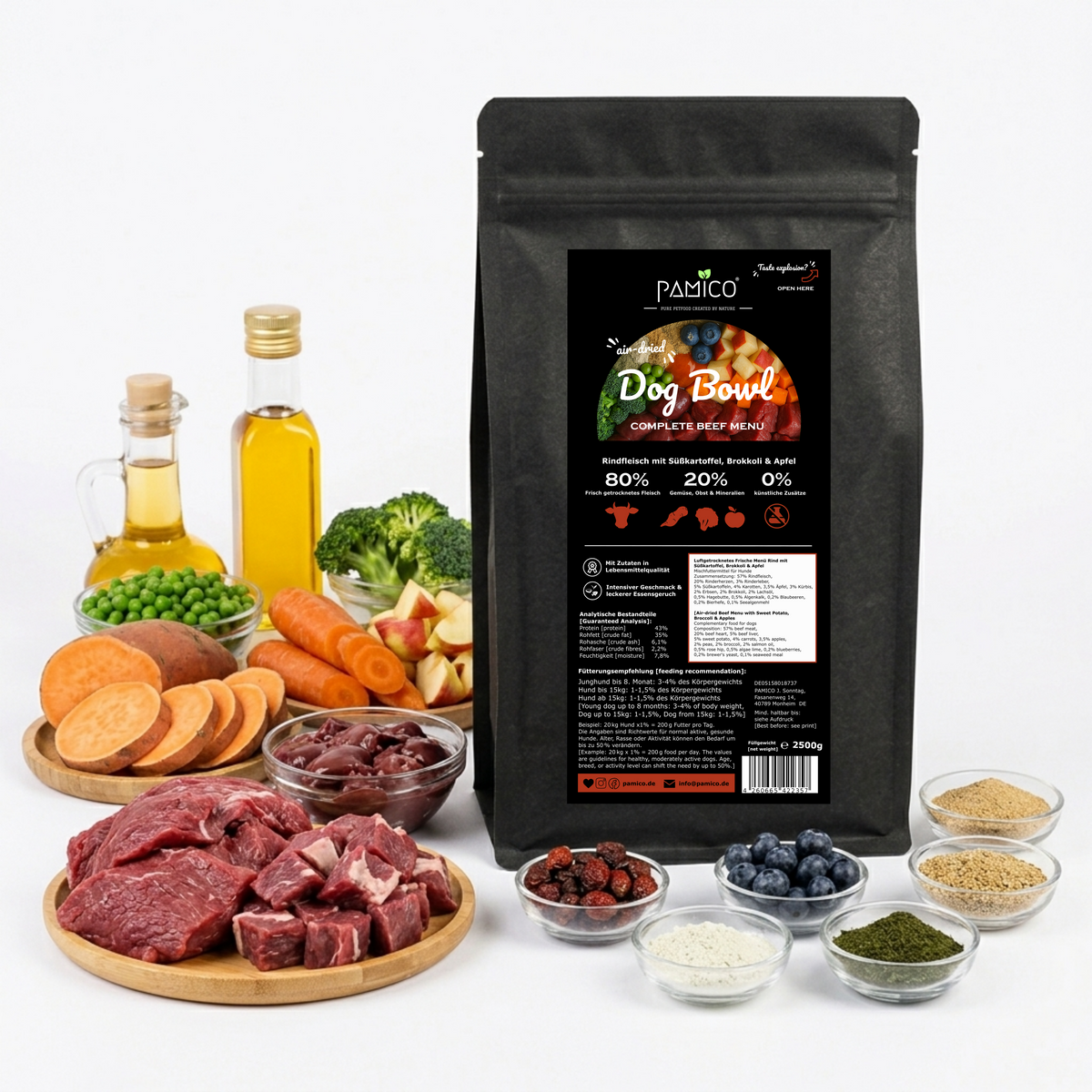 Dog Bowl Rindfleisch mit Süßkartoffel, Brokkoli und Apfel - Trockenmenü luftgetrocknet Pamico
