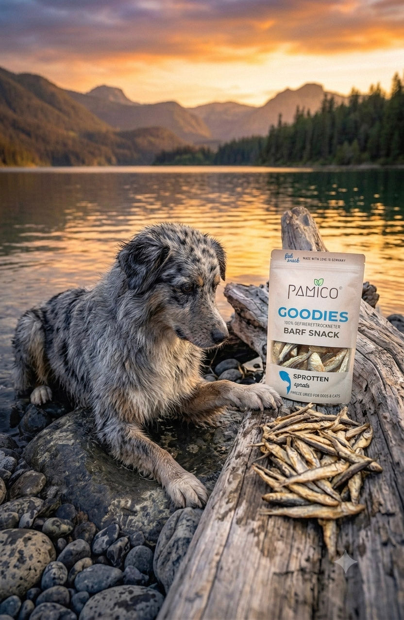 Sprotten gefriergetrocknet BARF Snack für Hunde und Katzen. Stimmungsbild am See mit Leckerlis.