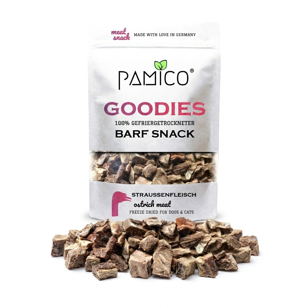 Gefriergetrocknetes Straußenfleisch Goodies für Hunde & Katzen – Exotischer Snack reich an Protein, mager & hypoallergen Pamico